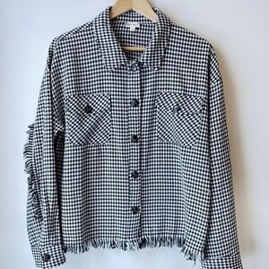 Hem & Thread Women's Houndstooth Button Up Fringe Jacket Large Black White